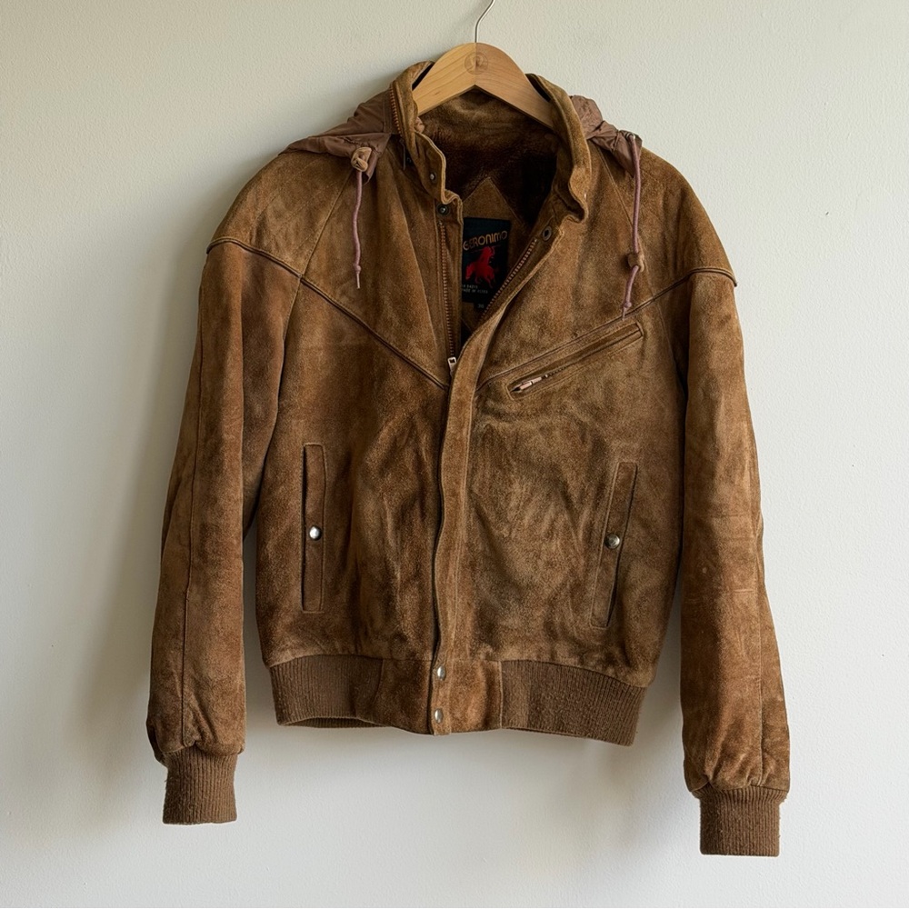 Vintage Brown Suede Leather Hooded Jacket Zip Front Men’s Small 36